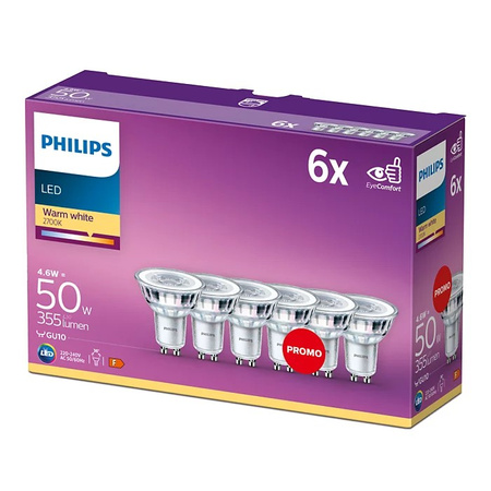6x LED halogenová žárovka GU10 PAR16 4,6W = 50W 355lm 2700K teplá bílá 36° PHILIPS