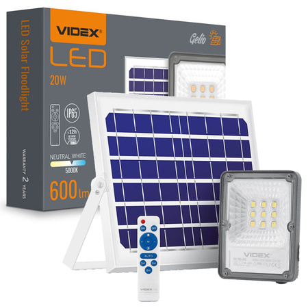 Solární Reflektor Lampa 9x LED 20W 600lm 5000K IP65 VIDEX Twilight Sensor s dálkovým ovládáním