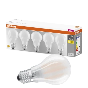 5x LED žárovka E27 A60 7W = 60W 806lm 2700K Teplá bílá 300° vlákno OSRAM
