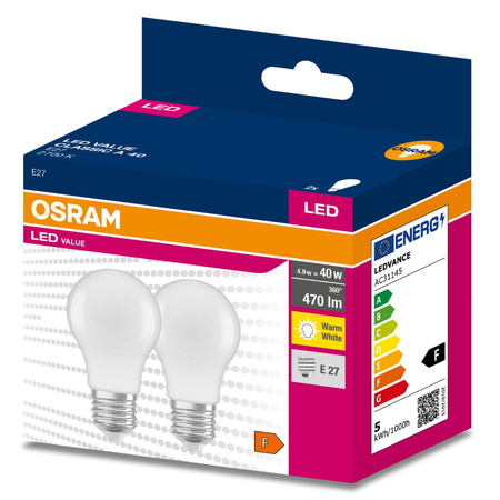 2x LED žárovka E27 A60 4.9W = 40W 470lm 2700K Teplá bílá 200° OSRAM HODNOTA