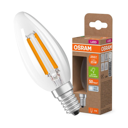 LED žárovka B35 Candle E14 1,2W = 25W 255lm 4000K Neutrální 330° 213lm/W CLASSIC ENERGETICKÁ ÚSPORNOST Osram