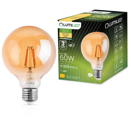 Žárovka Dekorativní Kulka LED E27, G125 7W = 60W 806lm 2000K Teplá bílá 360° Filament Globe Amber LUMILED