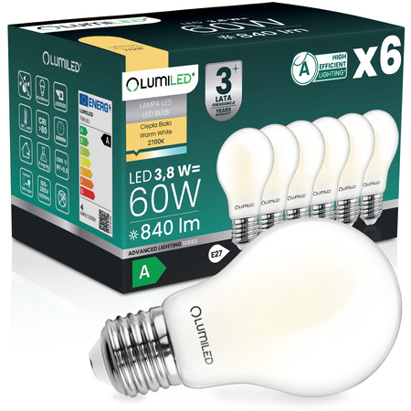 6x LED žárovka E27 A60 3,8W 840lm = 60W 2700K teplá bílá 360° vlákno energetická třída A SVÍTÍCÍ