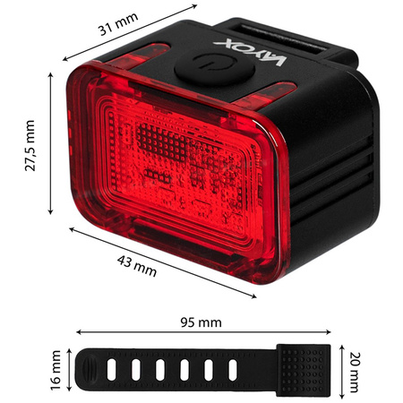 Zadní svítilna na kolo červená USB-C 6 režimů IPX6 POWERFUL VAYOX