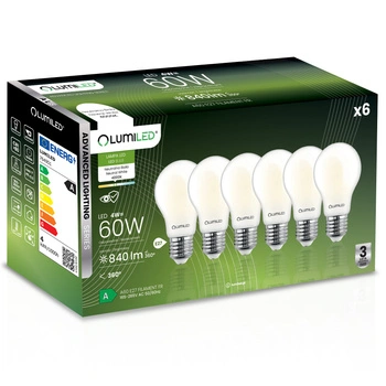 6x LED žárovka E27 A60 4W = 60W 840lm 4000K Neutrální 360° FILAMENTNÍ SVĚTLO