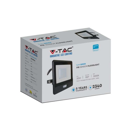 Reflektor LED 30W 2340lm 3000K IP65 Black s pohybovým senzorem a funkcí CUT-OFF Samsung Chip VT-138S-1-B V-TAC
