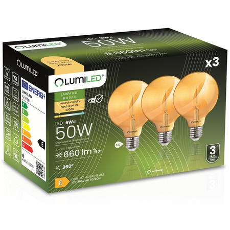 3x LED žárovka E27 Sphere G95 6W = 50W 660lm 2000K Warm 360° BURSHINE FILAMENT LUMILED