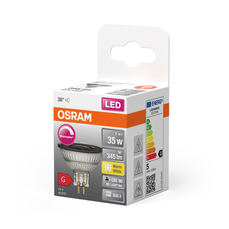 LED žárovka MR16 reflektor GU5.3 5W = 35W 345lm 2700K teplá bílá CRI90 12V 36° Stmívatelná SUPERSTAR Osram