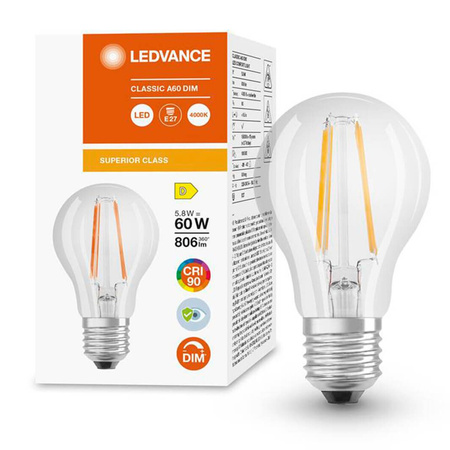 LED žárovka E27 A60 5.8W = 60W 806lm 4000K Neutrální bila 300° CRI90 vlákno Stmívatelné LEDVANCE Superior