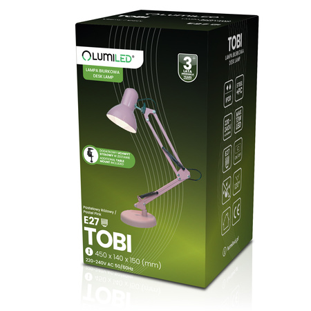 Stolní kreslící lampa E27 TOBI Pastelově růžová Lumiled + držák na desku