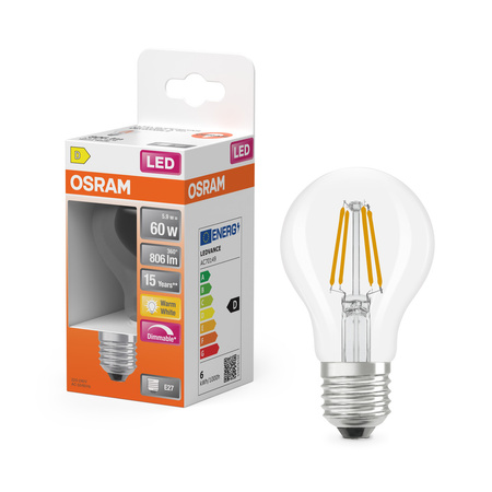 LED žárovka E27 A60 5,9W = 60W 806lm 2700K teplá bílá 300° Filament Dimmable SUPERSTAR Osram