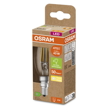 LED žárovka B35 Candle E14 2,5W = 40W 470lm 2700K Warm 300° 188lm/W CLASSIC ENERGETICKÁ ÚSPORNOST Osram