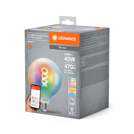 LED žárovka E27 4,8W = 40W 470lm RGBW CCT Stmívatelná SMART+ WiFi Filament Globe Ledvance