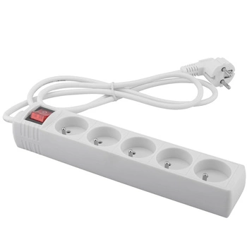 Zástrčka prodlužovacího napájecího kabelu - 5x zásuvka s uzemněním a vypínačem Napájecí proužek 1.5m 3x1mm 13A bílá