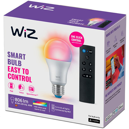 LED žárovka E27 A60 8,5W = 60W 806lm 2200-6500K RGB + TW Smart SMART WiFi Bluetooth aplikace WiZ + dálkový ovladač Controller