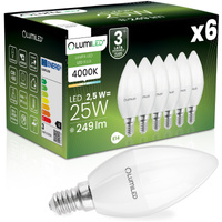 6x Žárovka LED Svíčka B35, E14 2.5W = 25W 249lm 4000K Neutralní bílá 180° LUMILED
