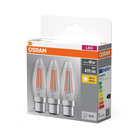 3x LED žárovka B35 Candle B22d 4W = 40W 470lm 2700K Warm 300° BASE Osram