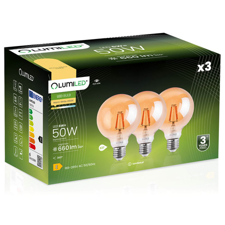 3x Dekorativní Kulatá Žárovka LED E27, G95 6W = 50W 660lm 2000K Teplá bílá 360° Filament Globe Amber LUMILED