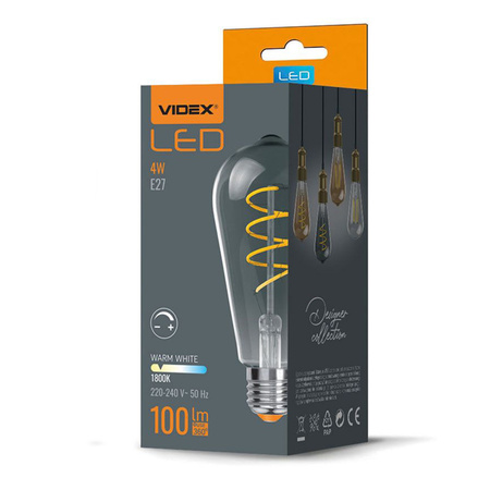 LED žárovka E27 ST64 Edison 4W 100lm 1800K teplá bílá 360° FILAMENT Smoke Dimmable Videx