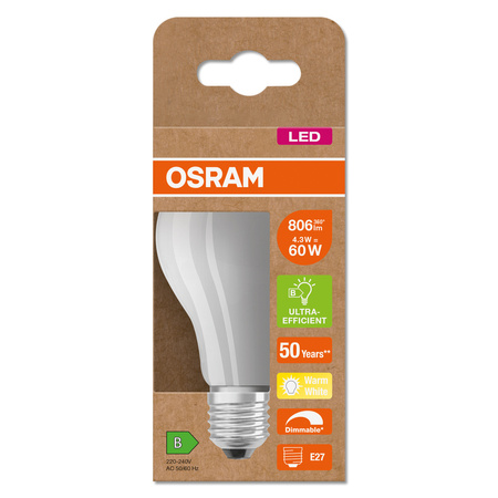 LED žárovka A60 E27 4,3W = 60W 806lm 2700K Warm 300° Dimmable CLASSIC Osram