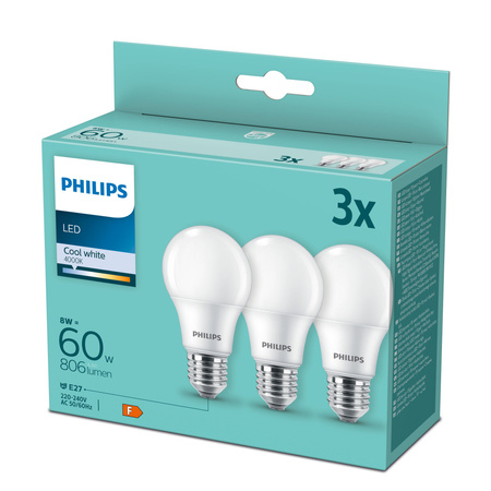 3x LED žárovka E27 A60 8W = 60W 806lm 4000K Neutrální bila PHILIPS