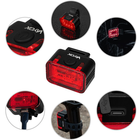 Zadní svítilna na kolo červená USB-C 6 režimů IPX6 POWERFUL VAYOX