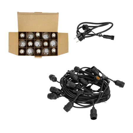 Venkovní zahradní světelný řetěz 500lm 2700K Warm 15x E27 Black IP44 15m Baja Kobi