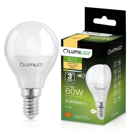 Žárovka LED E14, P40 8W = 60W 806lm 3000K Teplá bílá 180° LUMILED