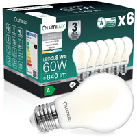 6x LED žárovka E27 A60 3,8W 840lm = 60W 4000K neutrální bílá 360° vlákno energetická třída A SVÍTÍCÍ