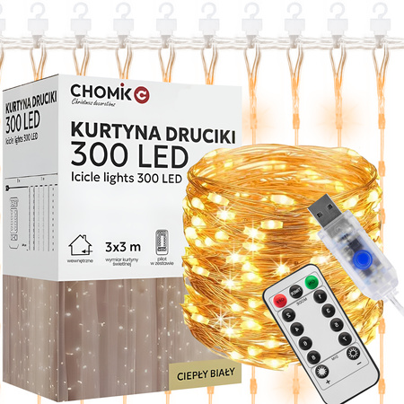 Světelná opona Vánoční světelný drát 300LED teplá + studená bílá 3+3m 