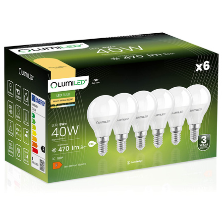 Sada 6x LED žárovka P45 E14 5W = 40W 470lm 3000K Warm 180° LUMILED