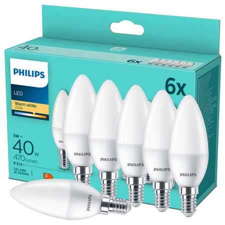 6x LED žárovka E14 Candle B35 4,9W = 40W 470lm 2700K Warm Essential Philips
