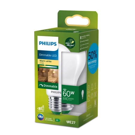 LED žárovka E27 A60 4W = 60W 840lm 210lm/W 2700K Warm 300° Dimmable CLASS A UltraEfficient Philips