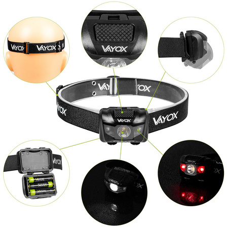 Dobíjecí čelová svítilna 100lm LED + 2x LED VA0178 VAYOX