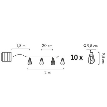SOLAR GIRLAND zahrada DECORATED 3.8 m 10 závěsných drátěných žárovek LOFCIK 2900K
