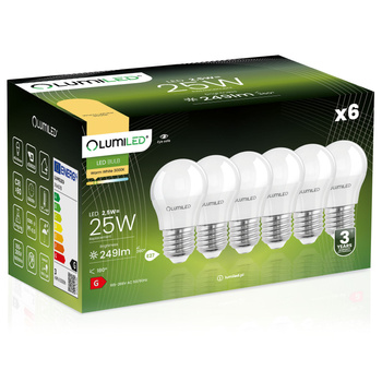 6x LED žárovka E27 P40 2.5W = 25W 249lm 3000K Teplá bílá 180° LUMILED