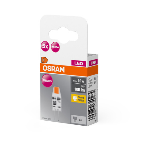 5x LED žárovka s paticí G4 1W = 10W 100lm 2700K teplá bílá 12V 320° BASE Osram