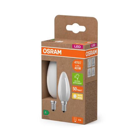 2x LED žárovka B35 Candle E14 2,2W = 40W 470lm 2700K Warm 330° 214lm/W CLASSIC ENERGY EFFICIENCY Osram