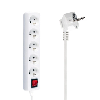 Zástrčka napájecího prodlužovacího kabelu – 5x zásuvka s uzemněním a vypínačem 5m 3x1mm 16A Bílá