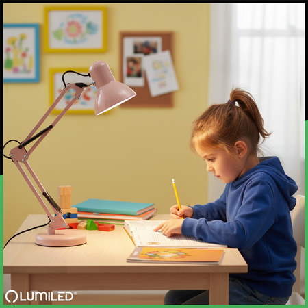 Stolní kreslící lampa E27 TOBI Pastelově růžová Lumiled + držák na desku