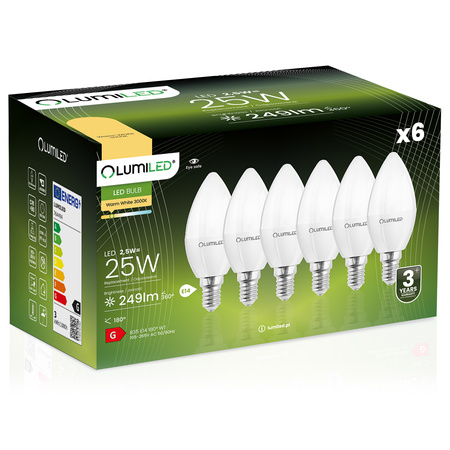 6x Žárovka LED Svíčka B35, E14 2.5W = 25W 249lm 3000K Teplá bílá 180° LUMILED