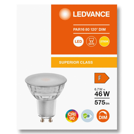 LED žárovka GU10 6.7W = 48W 575lm 2700K Teplá bílá 120° CRI90 Stmívatelné sklo LEDVANCE Superior