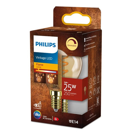 LED kulová žárovka E14 P45 3W = 25W 250lm 2200K Teplá bílá vlákno jantarové PHILIPS Stmívatelné