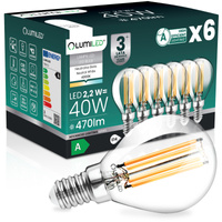 6x LED žárovka E14 kapka P45 2,2W 470lm = 40W 4000K neutrální bílá 360° vlákno energetická třída A LUMILED