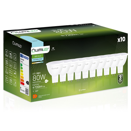 10x Žárovka LED GU5.3, MR16 8W = 80W 720lm 6500K Studená bílá 120° 12V LUMILED