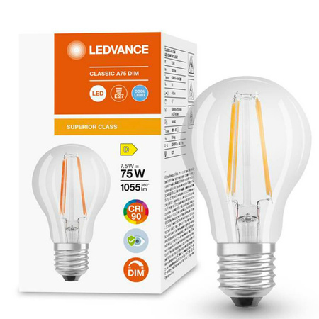 LED žárovka E27 A60 7.5W = 75W 1055lm 4000K Neutrální bila 300° CRI90 Stmívatelné vlákno LEDVANCE Superior