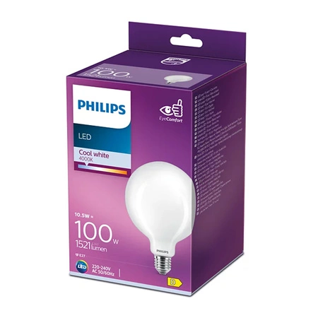Globe E27 G120 LED žárovka 10.5W = 100W 1521lm 4000K Neutrální bila Filament Milky PHILIPS