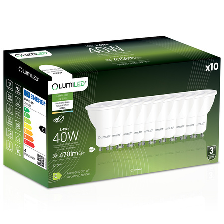 10x LED žárovka GU10 Reflector PAR16 3,4W = 40W 470LM 4000K Neutrální 38° LUMILED