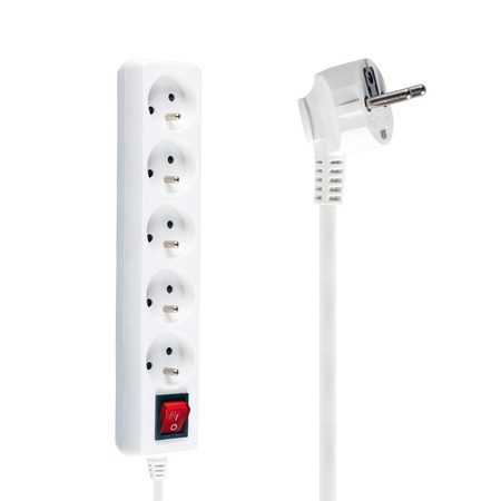 Zástrčka napájecího prodlužovacího kabelu – 5x zásuvka s uzemněním a vypínačem 5m 3x1mm 16A Bílá