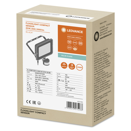 Reflektor LED 20W 2000lm 4000K IP65 Černá s pohybovým a soumrakovým senzorem LEDVANCE COMPACT V